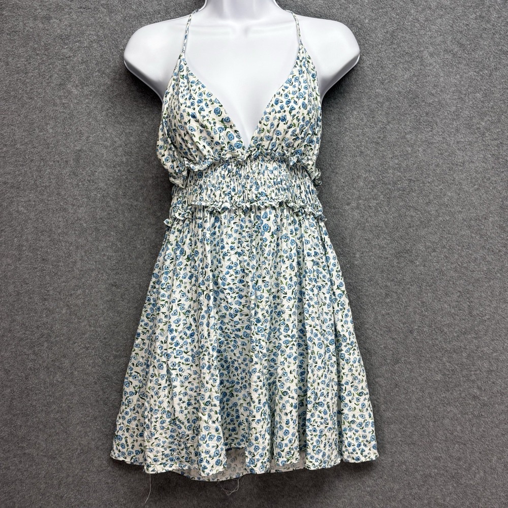 Zara Ditsy Floral Babydoll Dress S Blue Linen Blend Smocked Mini Cottage Picnic‎